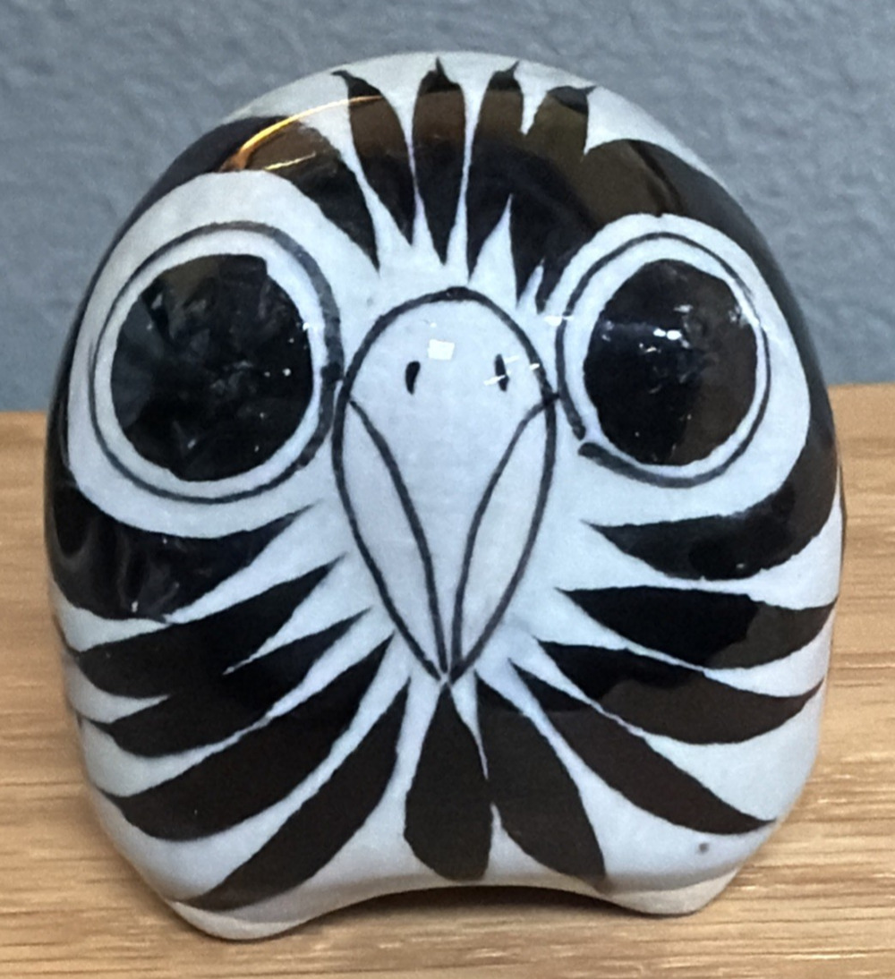 Vintage Mexican Tonala Pottery Owl Hand Painted Glazed Floral Signed As Is
